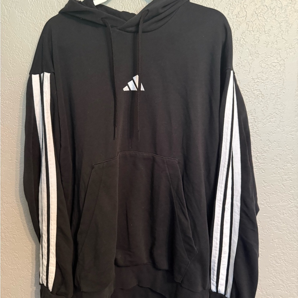 Adidas Men's Black Hoodie with White Stripes LONG AND Tall 2XL - Picture 2 of 5